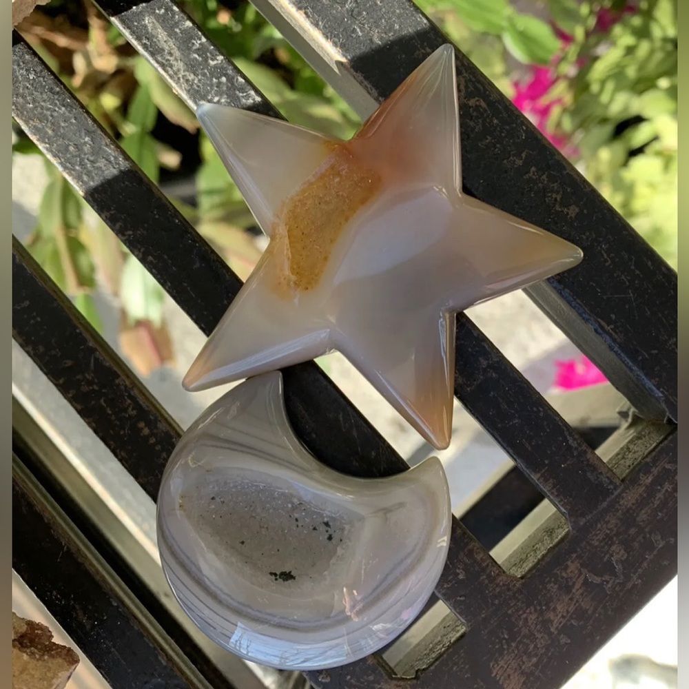 Polished Druzy Agate Geode Moon & Star Shaped Carvings Specimens Set Of Two